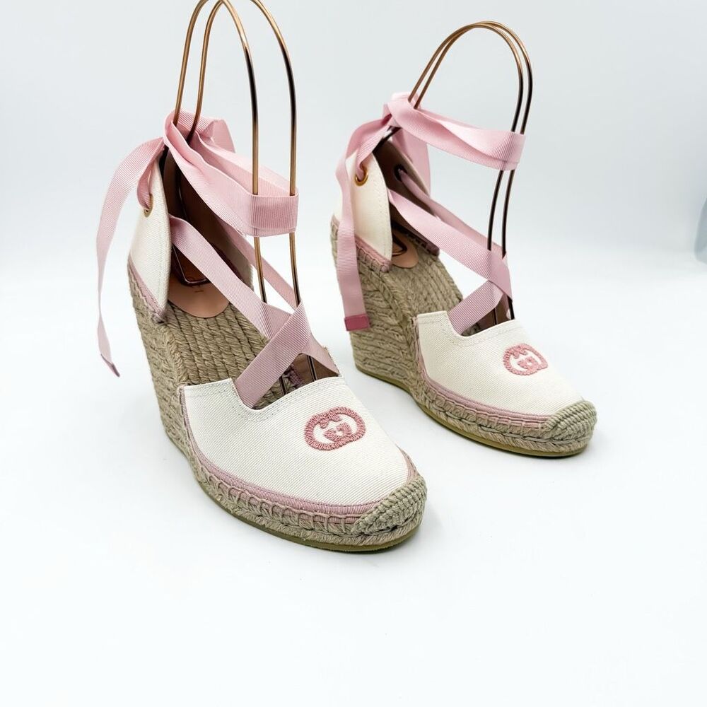 Gucci GG Canvas Espadrille Wedge Sandals Pink Ribbon Lace-Up Platform Shoes
